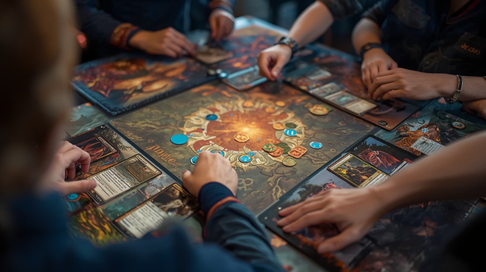 Jugadores en torno a una mesa con tapetes TCG profesionales